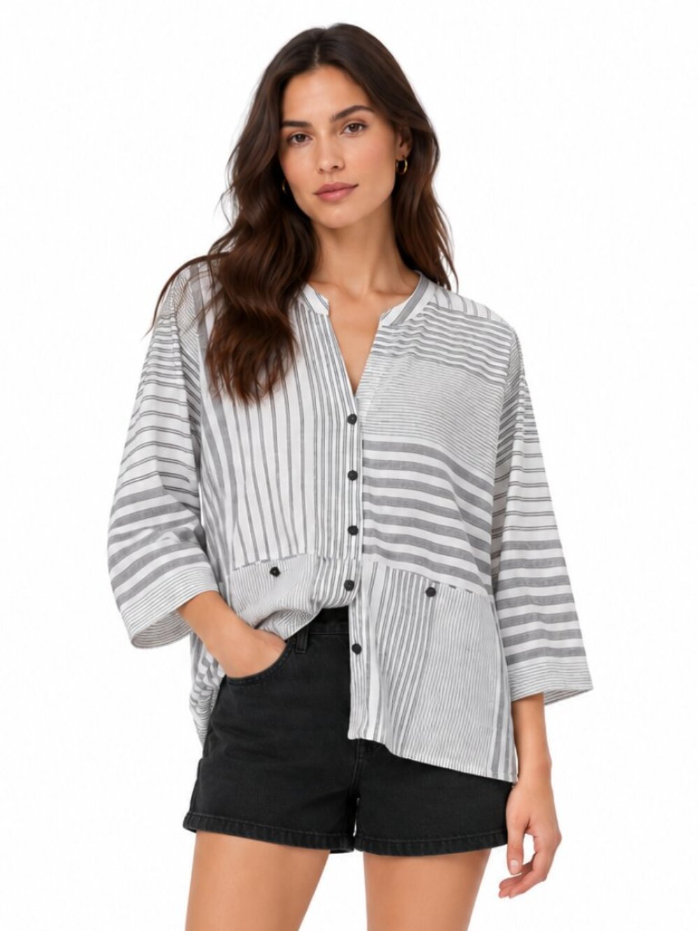 Habitat Clothes to Live In Mixed Stripe Button Front Tunic Top Size S